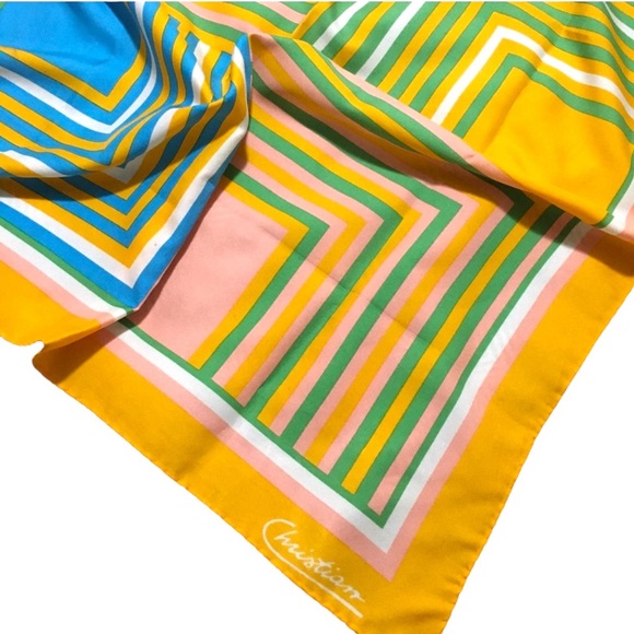 CHRISTIAN DIOR SILK WOVEN SCARF YELLOW GREEN BLUE Geometric - Picture 2 of 2
